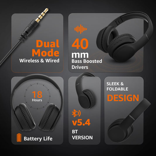 Amazon Basics Wireless Over-Ear Headphones | Bluetooth 5.4, 18H Playtime, Deep Bass & Mic – Buy One Get One Free