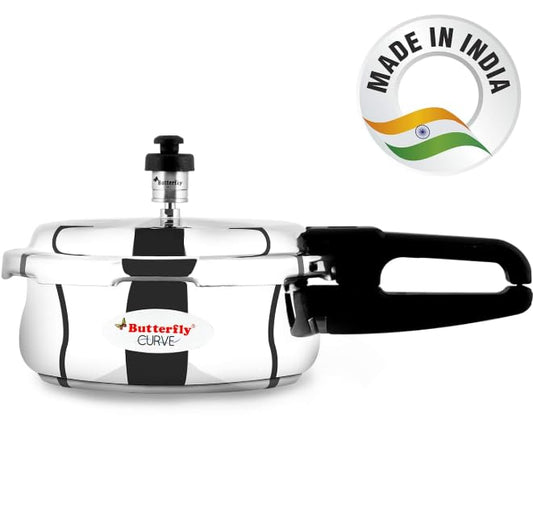 Butterfly Curve 2L Stainless Steel Pressure Cooker | Outer Lid | Induction & Gas Stove Compatible | ISI Certified | 5 Years Warranty (Silver)