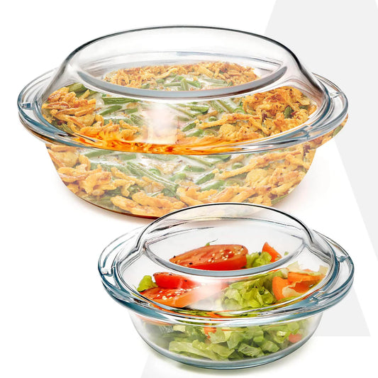AGARO Elite Glass Casserole Set with Lid (700ml & 1500ml) | Heat Resistant Borosilicate Glass | Microwave Safe Serving Bowls