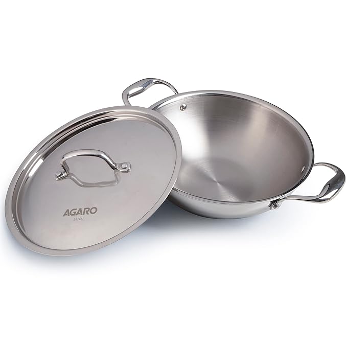 AGARO Regency 2.25L Tri-Ply Stainless Steel Kadai (24cm) | Induction & Gas Safe | Premium Cookware