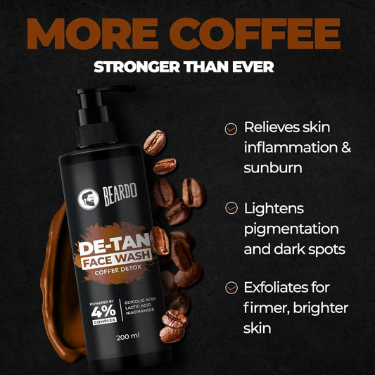 BEARDO DeTan Face Wash for Men – 200ml with Glycolic Acid, Niacinamide & Coffee | Helps Reduce Tan, Dark Spots & Pigmentation for Smooth, Oil-Free Skin | BUY 1 GET 1 FREE @ ₹499 🔥