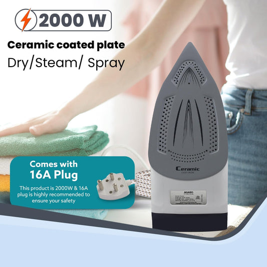 AGARO Royal Steam Iron 2000W with Ceramic Soleplate | Fast Heating, Anti-Drip & Anti-Calc | 320ml Tank | Spray/Steam/Dry Functions | 360° Swivel Cord | FREE AGARO Coffee Frother Worth ₹799