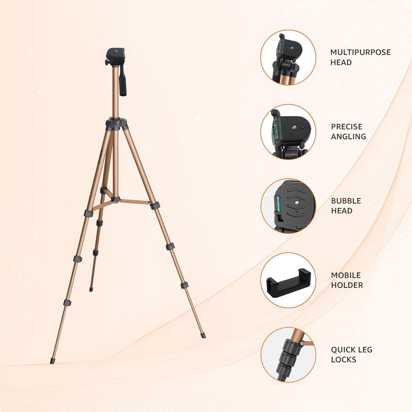 Amazon Basics Adjustable Camera Tripod 41-134cm | Mobile Holder, Carry Bag Included | Lightweight Aluminum Stand for DSLR, GoPro & Smartphones | Copper