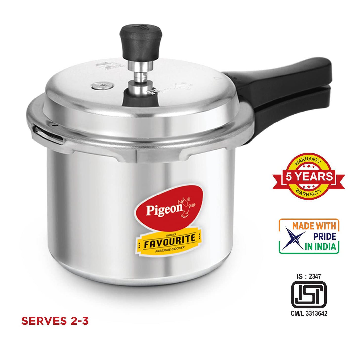 Pigeon Favourite Aluminium Pressure Cooker 2L | Outer Lid | Durable & Lightweight | Gas Stove Compatible | Silver