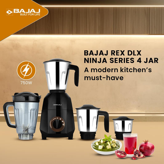 Bajaj Rex DLX Ninja Series Mixer Grinder 750 Watt | 4 Jars | Dry & Wet Grinding | Black/Brown