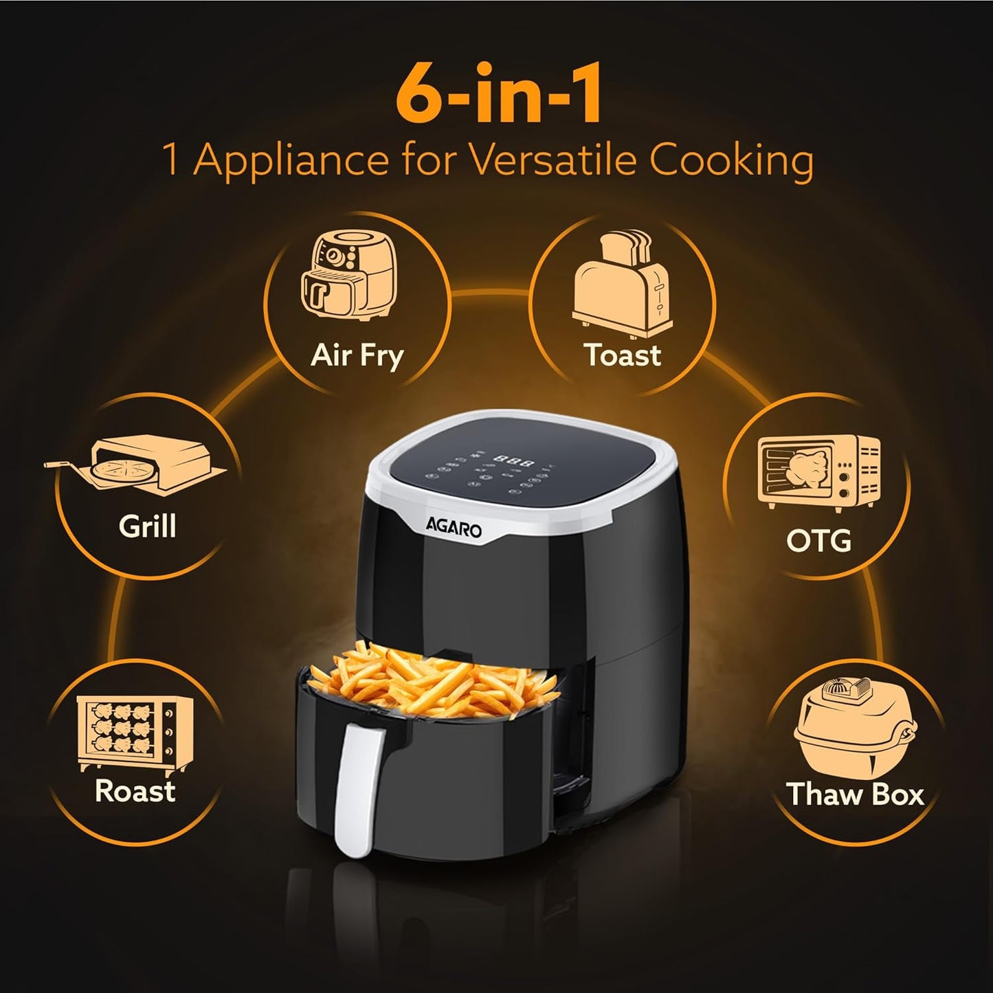 AGARO Galaxy Digital Air Fryer 4.5L | 1400W Oil-Free Air Fryer with Touch Display & 7 Presets