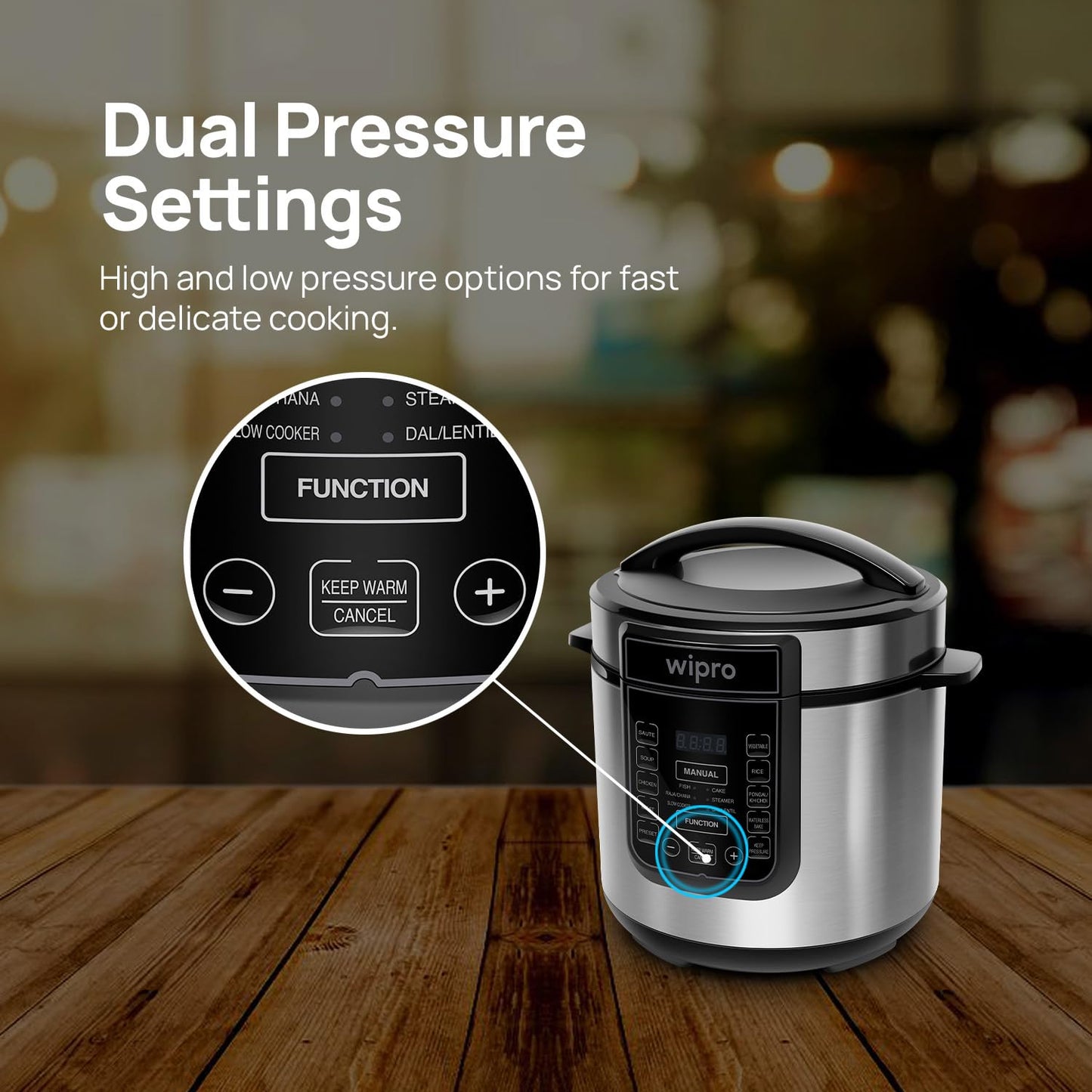 Wipro Elato 6L Digital Electric Pressure Cooker β 10 Preset Multi-Cooking Functions, 1000W, Stainless Steel Pot, Safety Lock