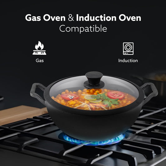 AGARO Royal Pre-Seasoned Cast Iron Kadai 4.3L | Glass Lid | Heavy Duty Uni-Body | No Chemical Coating | Gas & Induction Compatible | Black