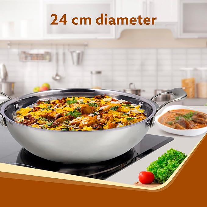 AGARO Royal Honeycomb Kadai 2.25L (24 cm) | Tri-Ply Stainless Steel | Gas & Induction Compatible | PFOA-Free | Riveted Handle | Silver Finish