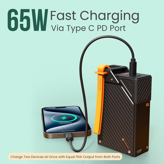 Portronics Halley 65W 20000mAh Fast Charging Power Bank β Dual Type-C PD Ports, LED Display, Strong Lanyard | For iPhone, Android, iPad, Tablets & MacBook (Yellow)