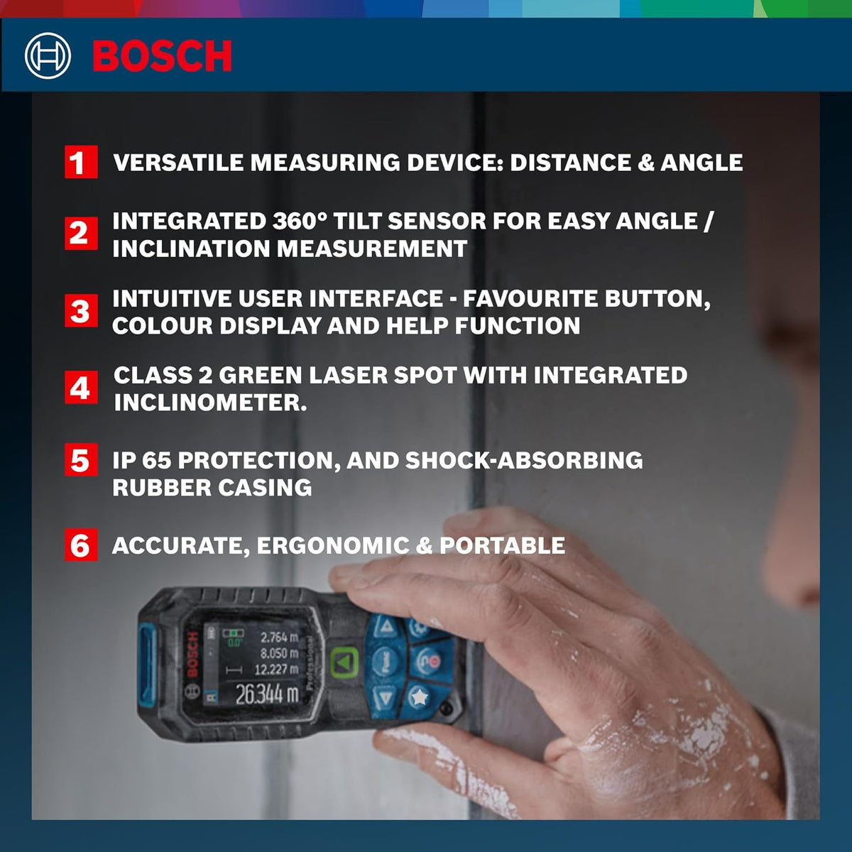 BOSCH GLM 50-23 G Green Laser Distance Meter 50M | ±1.5mm Accuracy | Digital Laser Measure with Angle Measurement | IP65 Waterproof | Memory Function