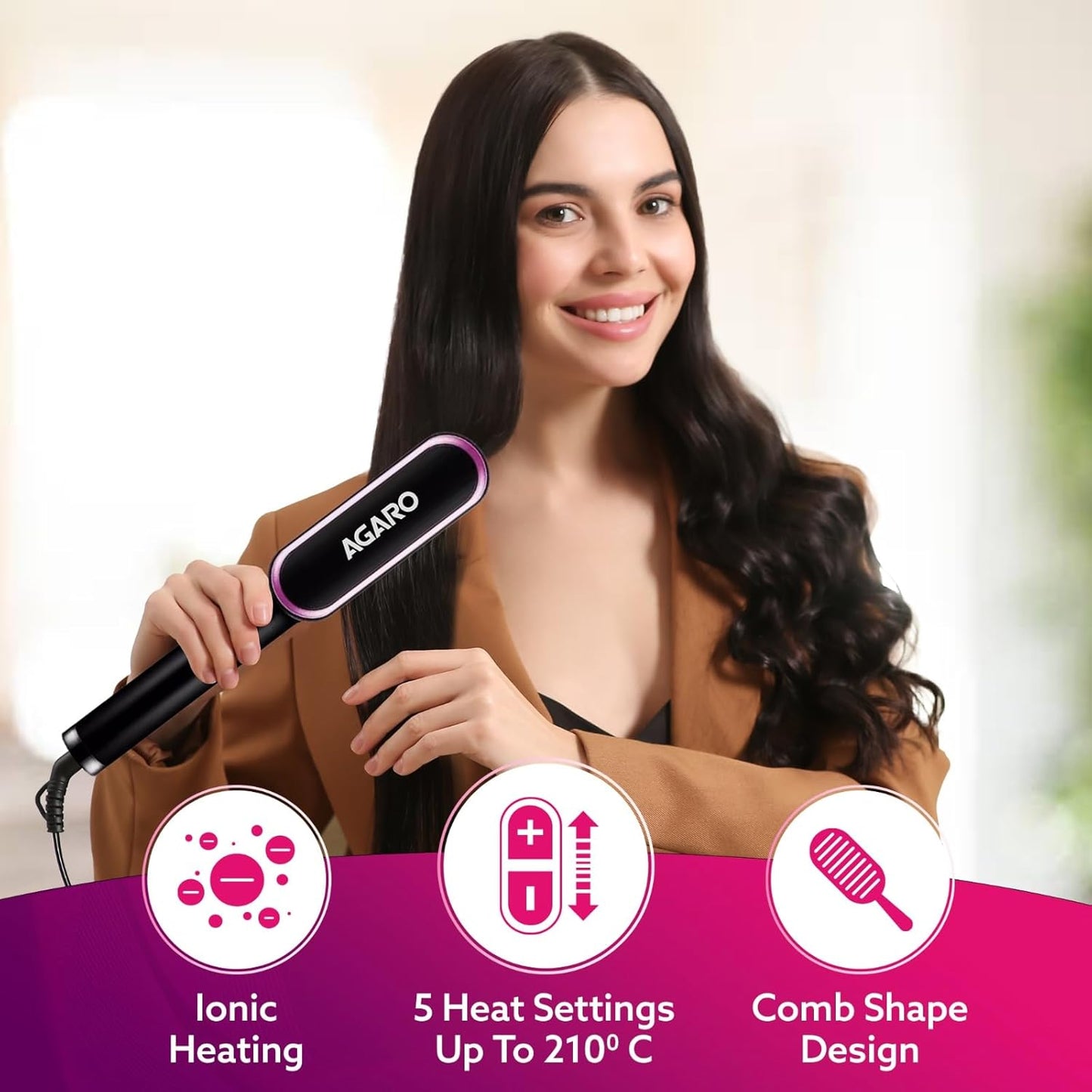 AGARO Hair Straightening Brush HSB2107 | Ionic Care, 5 Heat Settings, Fast Heating