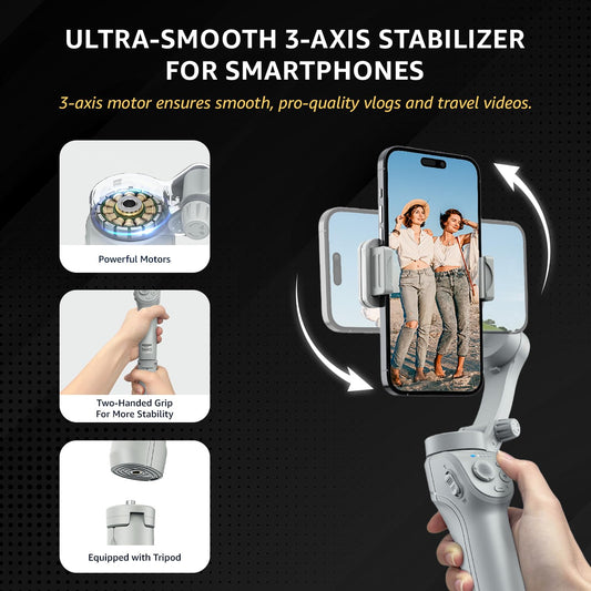 Amazon Basics 3-Axis Smartphone Gimbal Stabilizer with AI Face & Body Tracking | Foldable Design | Fill Light | 8Hr Battery | iPhone & Android Compatible + FREE AirPods Worth ₹699