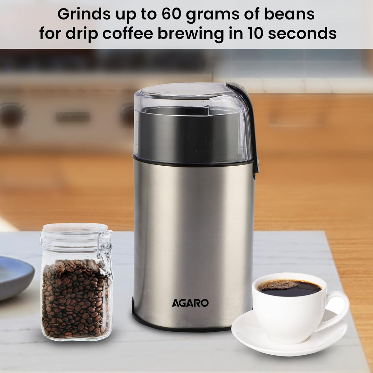 AGARO Grand Electric Grinder β 60g Capacity, Stainless Steel Blades, Portable Dry Bean & Spice Grinder (Silver)