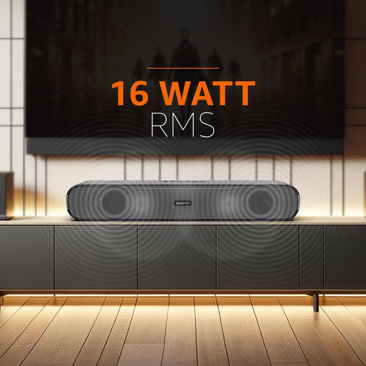 Amazon Basics 16W Bluetooth Soundbar (Black) | 2X Bass, Bluetooth 5.3, AUX & USB | Compact Home Audio System + FREE AirPods Worth ₹999 (Combo Offer)