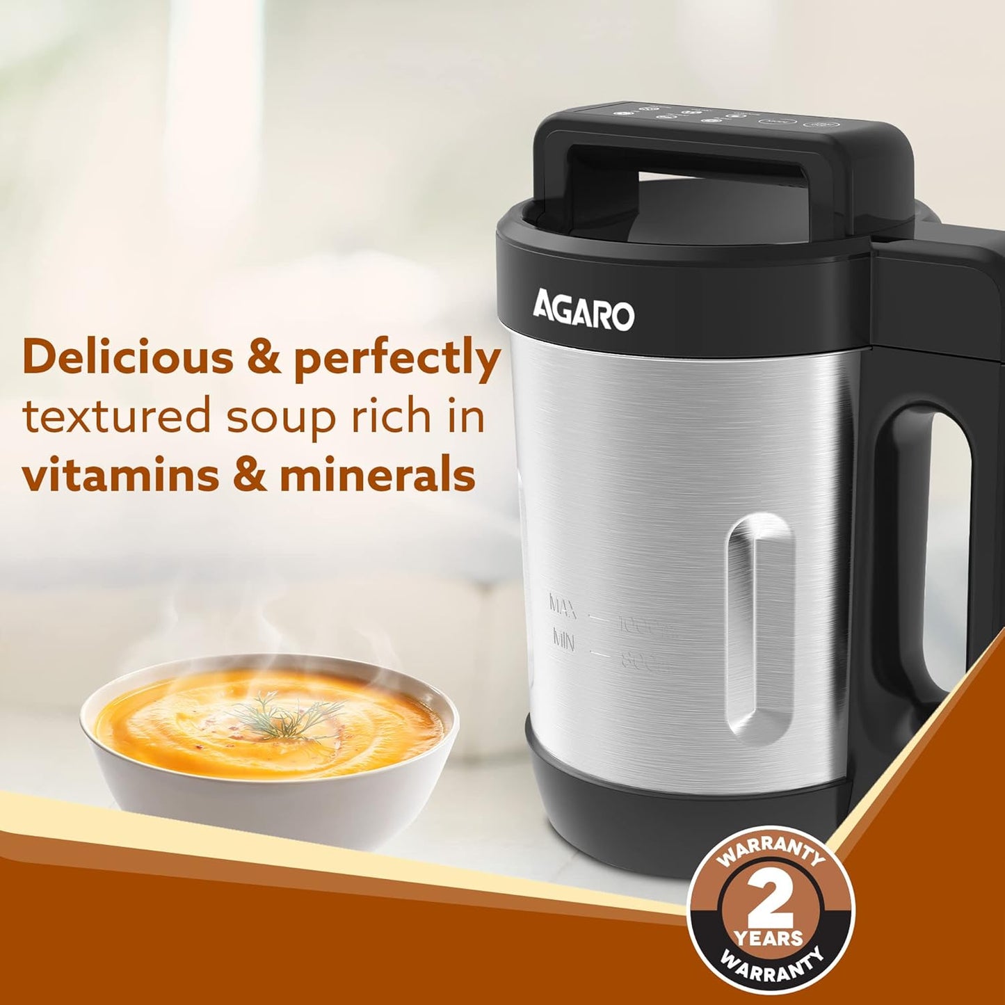 AGARO Elite Soup Maker 1L | Automatic Heating + Blending | 6 Preset Functions | Copper Motor | Stainless Steel Blades