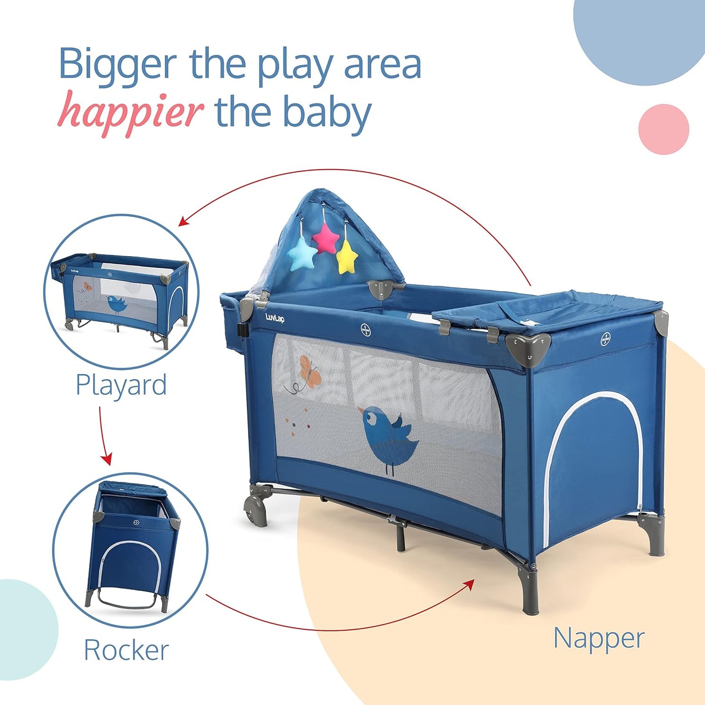 LuvLap WonderJoy Baby Playpen Playard (Blue) with FREE LuvLap Steel Straw Sipper | Folding Baby Bed, Portable Baby Cot & Convertible Crib | Free Delivery India