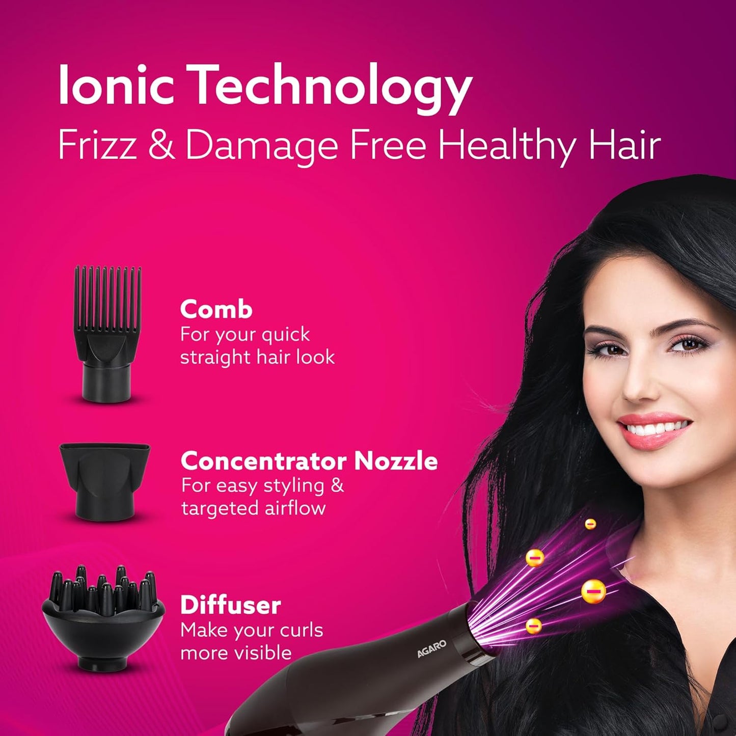 AGARO HD-1120 Professional 2000W Hair Dryer & Blower for Men & Women | Hot & Cold Air | Cool Shot | 2 Speed, 3 Heat Settings | Comb, Concentrator & Diffuser Nozzles