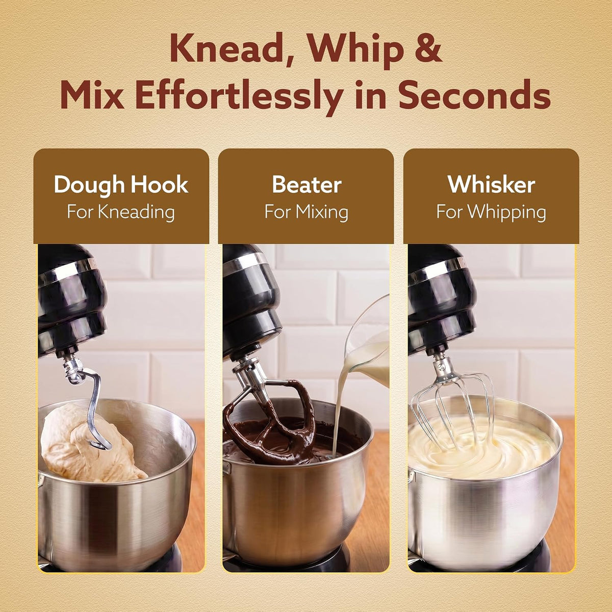 AGARO Royal Stand Mixer 1000W with 5L Stainless Steel Bowl, 8-Speed + Pulse Function, Copper Motor & Dough Hook, Beater, Whisker and Splash Guard