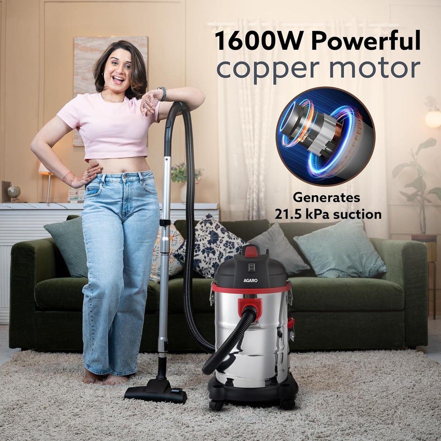 AGARO Ace 1600W Wet & Dry Vacuum Cleaner | 21.5KPa Powerful Suction | 30L Tank | Blower Function | Stainless Steel Body
