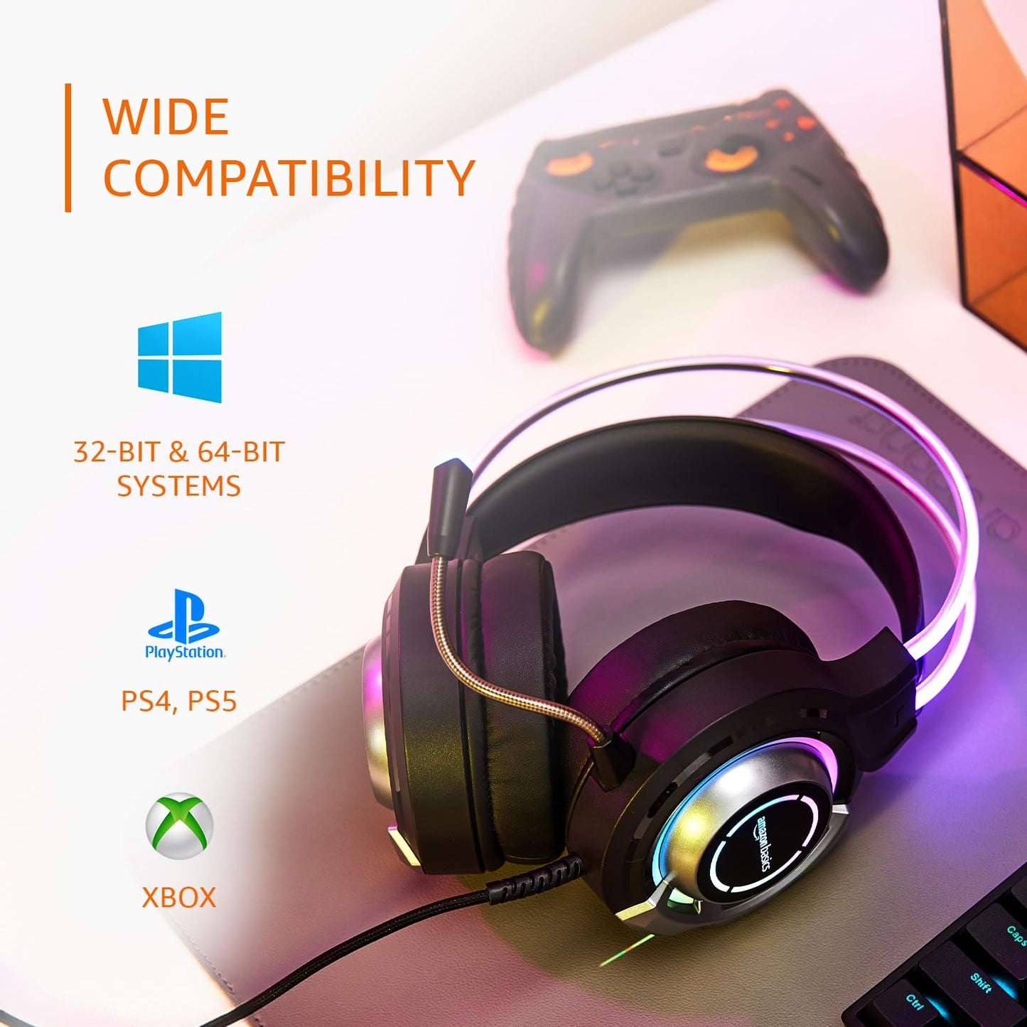 Amazon Basics RGB Wired Gaming Headphones with Mic | 2m Cable, 3.5mm Jack, Immersive Sound