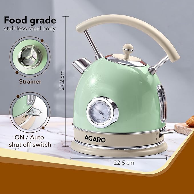 AGARO Regency Vintage Electric Kettle 1.8L with Temperature Gauge | Retro Design | Visible Water Level | LED Light | Auto Shut-Off & Boil-Dry Protection | Green