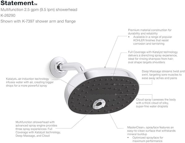 Kohler Statement Multifunction Showerhead – Multiple Spray Modes with Premium Polished Chrome Finish | Luxury Overhead Shower