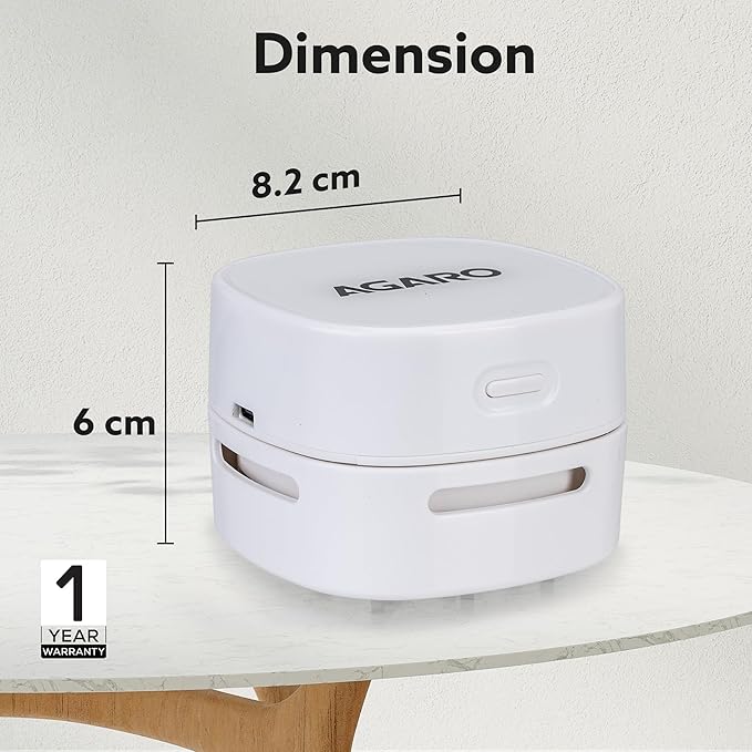 AGARO Crown Mini Desk Vacuum Cleaner | Cordless Battery Operated Desktop Cleaner | 2.5 Hours Runtime | Portable Sweeper for Keyboard, Crumbs, Paper Shavings, Pet Hair & Dust | White