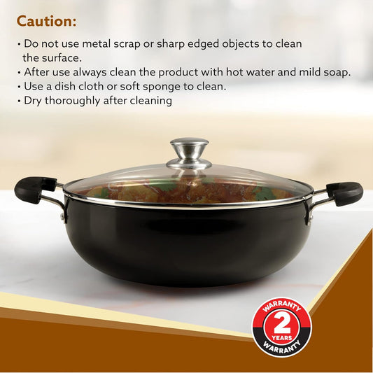 AGARO Elite Hard Anodised Kadhai 2.5L (24 cm) with Glass Lid | 3mm Thick | Gas Stove Compatible | Durable Riveted Handle | Ideal for Frying & Cooking