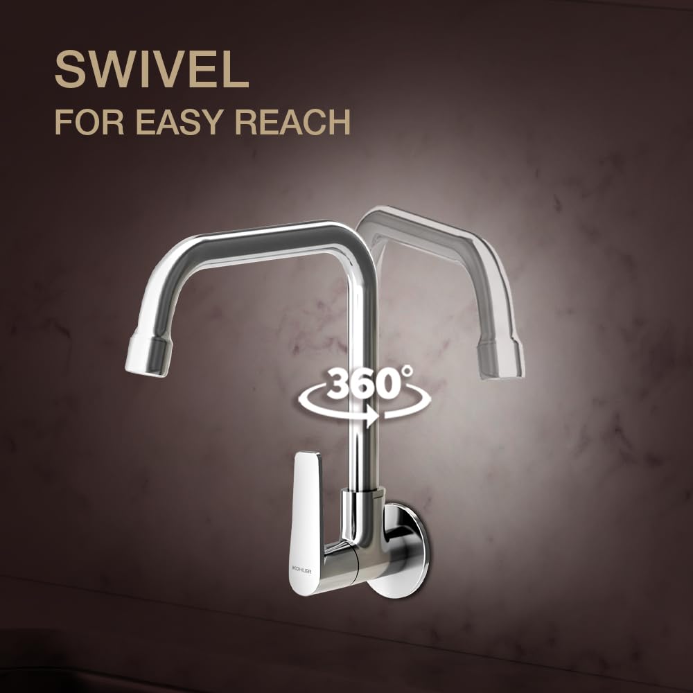 Kohler Fore Arc Kitchen Faucet | Wall Mounted Kitchen Sink Tap | Cold-Only Single Lever Faucet with 360° Swivel Spout | Water Saving Aerated Flow | Polished Chrome Finish