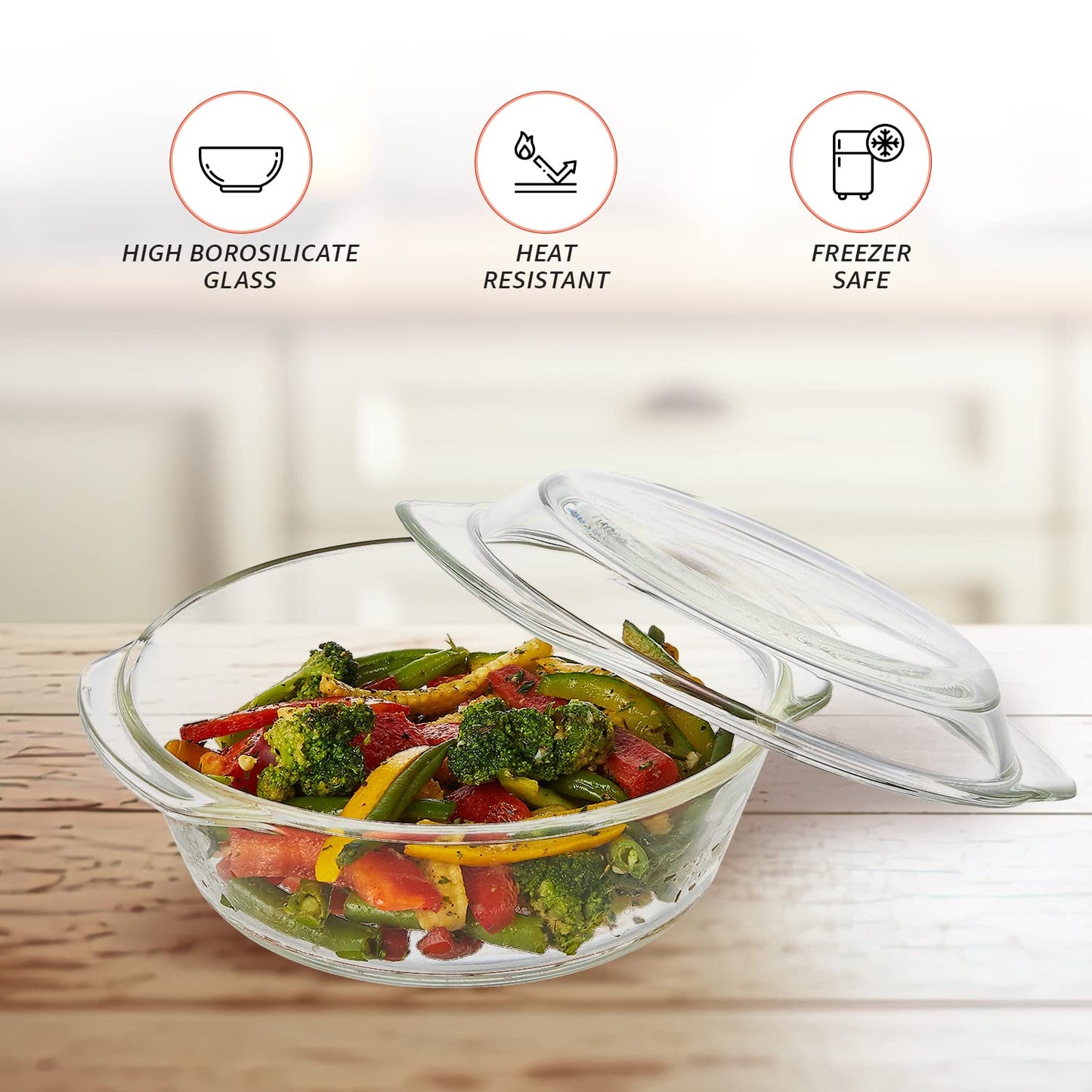 AGARO Elite Glass Casserole Set with Lid (700ml & 1500ml) | Heat Resistant Borosilicate Glass | Microwave Safe Serving Bowls