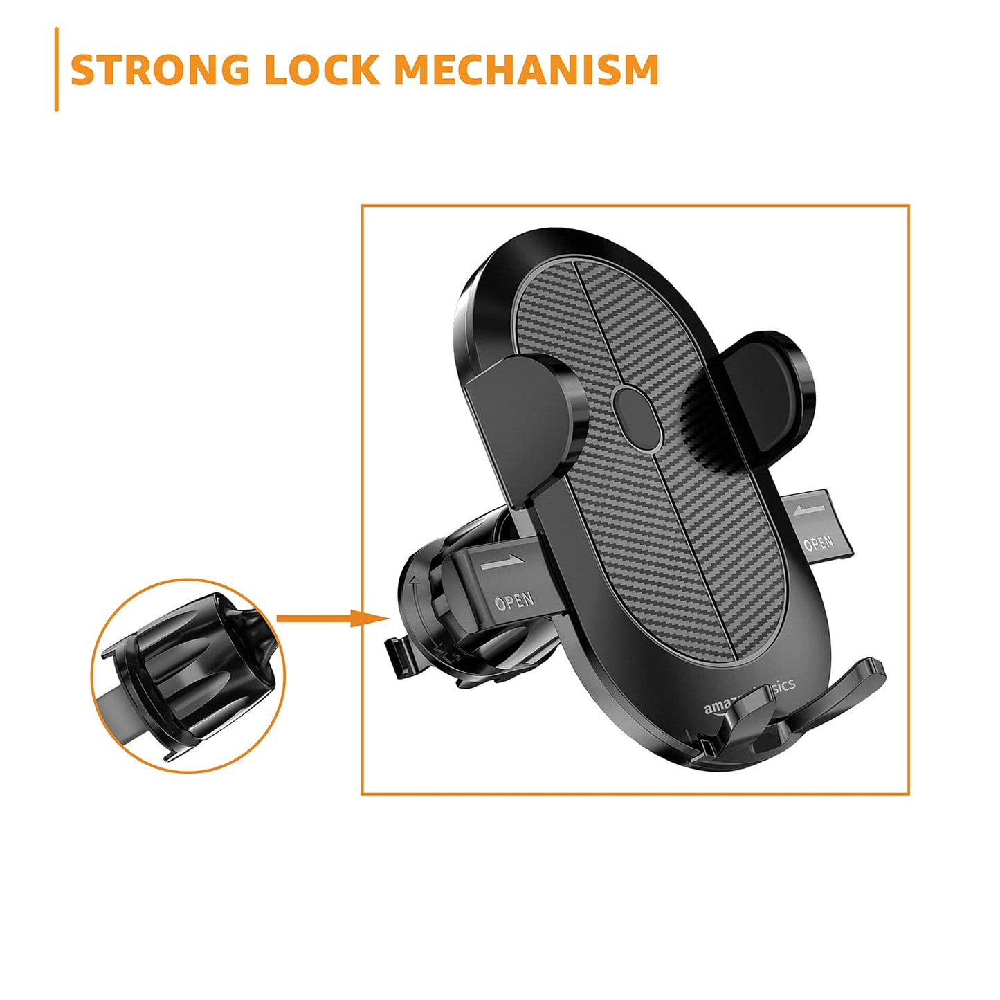 Amazon Basics Universal Car Mobile Holder with One-Touch Lock | Expandable, Rotatable Dashboard Mount | Double Locking System (Black)