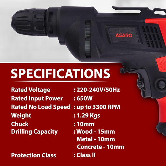 AGARO ED2103 650W Electric Drill Machine | 3300 RPM High-Speed Corded Drill for Home DIY & Professional Use (Red & Black)