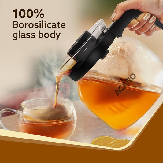 AGARO Elite 1200ml Borosilicate Glass Carafe with Strainer Lid | Microwave Safe, Heat Resistant, Transparent Glass Kettle