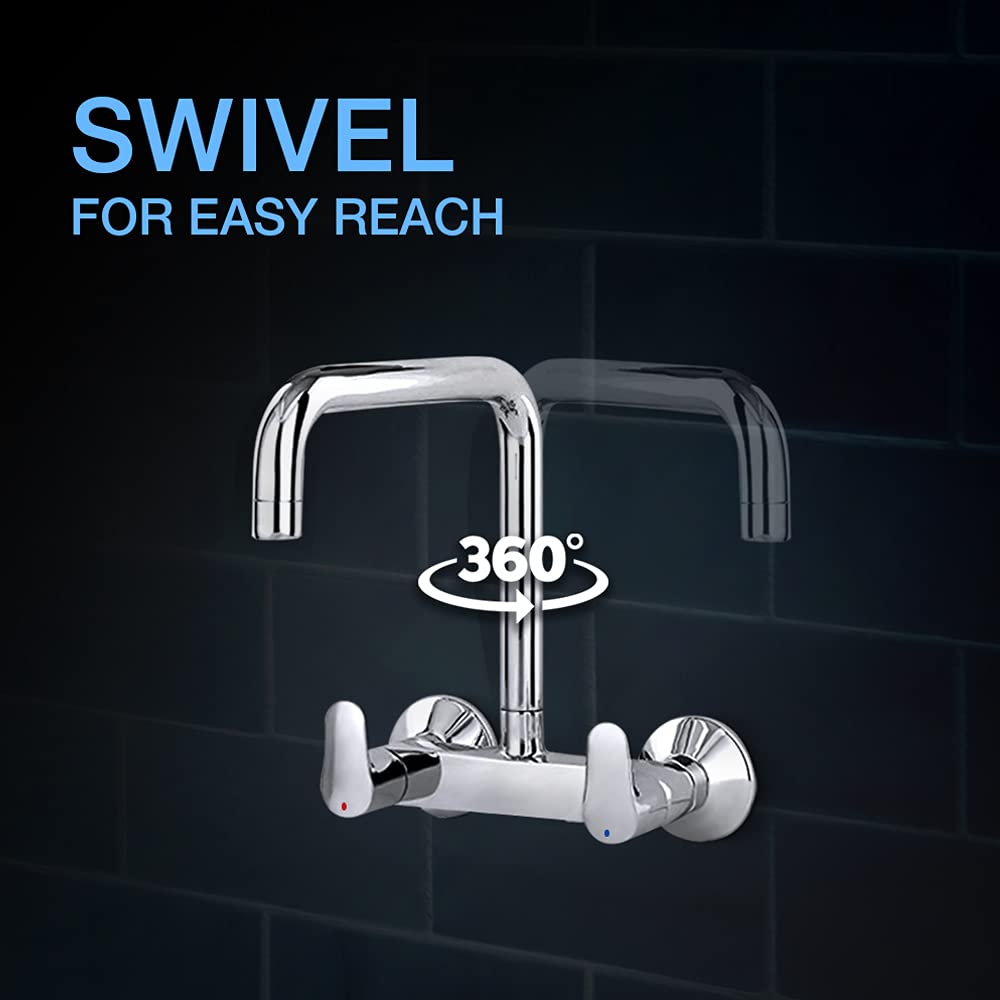 Kohler July Wall Mounted Kitchen Faucet – Polished Chrome Brass Sink Mixer with 360° Swivel High-Arc Spout & Dual Lever Hot/Cold Control