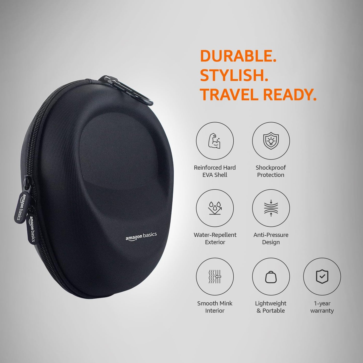 Amazon Basics Headphone Carrying Case | Hard Shell EVA Protective Pouch for Over-Ear Headphones | Shockproof & Water Repellent