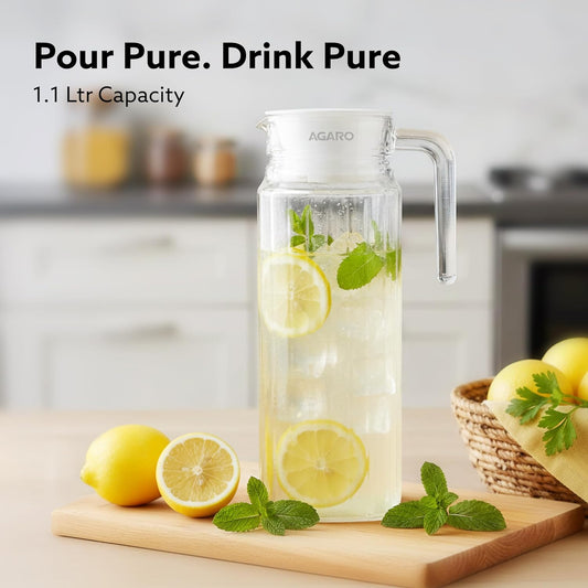 AGARO Elegant Glass Jug with Lid 1.1L | Transparent Multipurpose Beverage Carafe with Easy Pour Spout & Strong Handle | Ideal for Water, Juice, Milk, Lassi & Cocktails