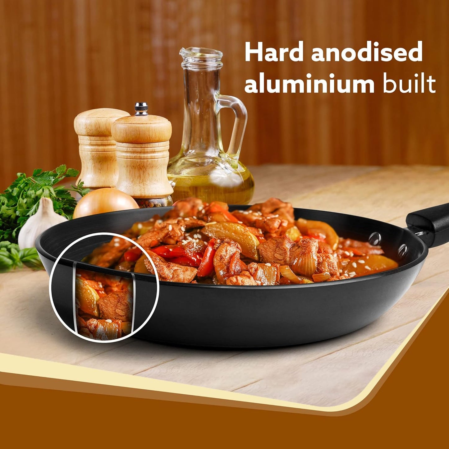 AGARO Elite Hard Anodised Taper Frying Pan 24 cm (1.5L) | 4mm Thick Base | Gas Compatible | Durable Non-Stick Performance with Riveted Handle (Black)
