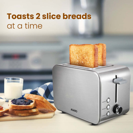 AGARO GRAND 2 Slice Stainless Steel Pop-Up Toaster β 850W Bread Toaster with Reheat, Defrost & Cancel Functions, Variable Browning Control & Removable Crumb Tray for Perfect Breakfast Toasts