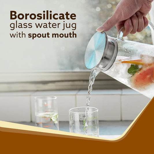 AGARO Elite 1.8L Borosilicate Glass Water Jug with Stainless Steel Airtight Lid – Hot & Cold Beverage Pitcher for Water, Juice, Milk & Iced Tea Carafe