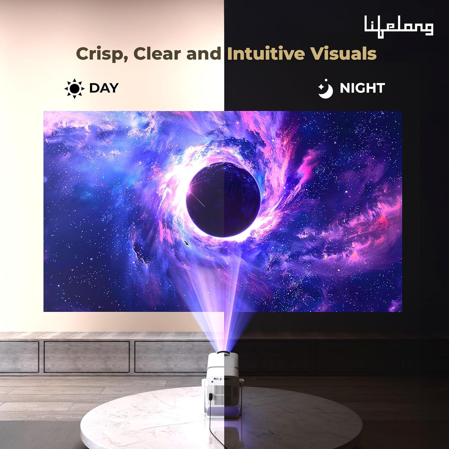 Lifelong Electronics Lightbeam X Smart Projector – Android Powered 1080P Full HD & 4K Ultra HD Support | 3500 Lumens, WiFi, Bluetooth, OTT Apps, 180° Rotation, Built-in Speakers & HDMI | Home Theater for Room & Outdoor + FREE AirPods Worth ₹799 🎧🔥