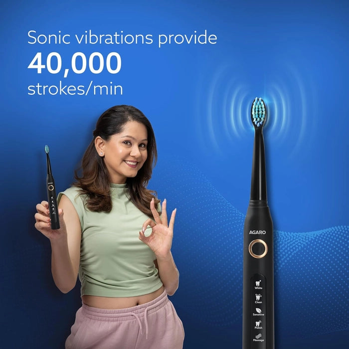 AGARO COSMIC PLUS Sonic Electric Tooth Brush For Adults With 5 Modes, 5 Brush Heads, 1 Interdental Head, Carry Case & Rechargeable With 4 Hours Charge Lasting Up To 25 Days, Power Toothbrush, (Black)