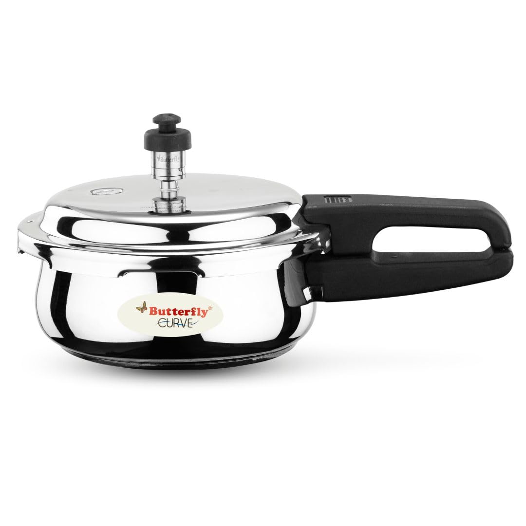 Butterfly Curve 2L Stainless Steel Pressure Cooker | Outer Lid | Induction & Gas Stove Compatible | ISI Certified | 5 Years Warranty (Silver)