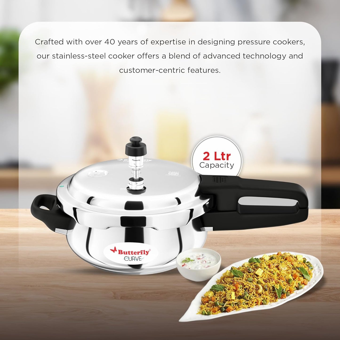 Butterfly Curve 2L Stainless Steel Pressure Cooker | Outer Lid | Induction & Gas Stove Compatible | ISI Certified | 5 Years Warranty (Silver)