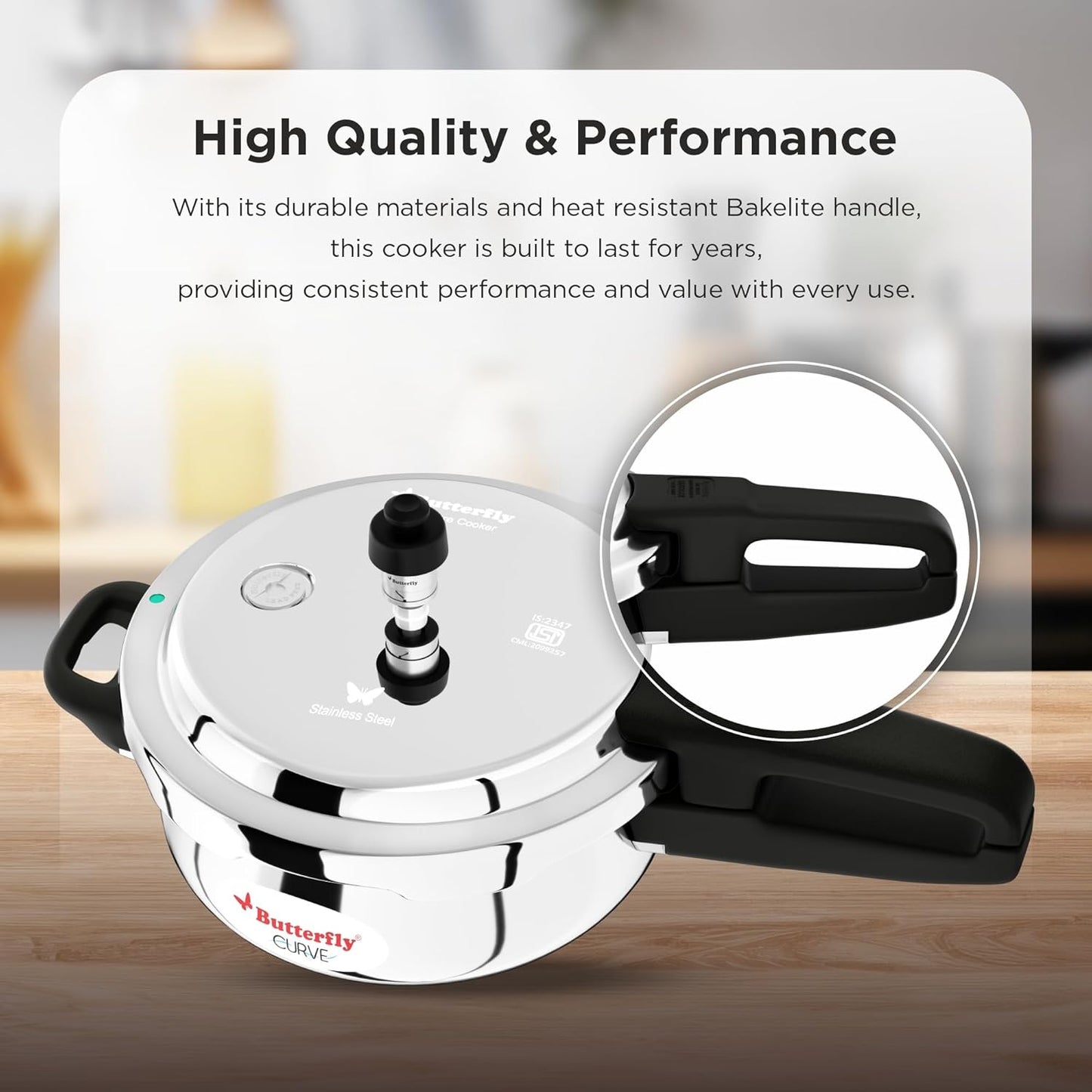 Butterfly Curve 2L Stainless Steel Pressure Cooker | Outer Lid | Induction & Gas Stove Compatible | ISI Certified | 5 Years Warranty (Silver)