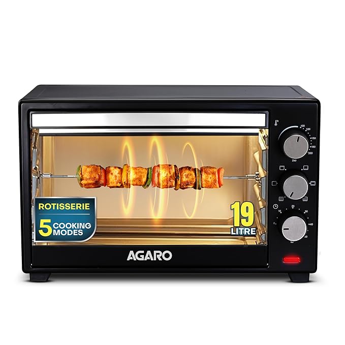 AGARO Marvel 19L Oven Toaster Griller (OAGARO Marvel 19L OTG Oven with Motorised Rotisserie & 5 Heating Modes + FREE Lint RemoverTG) with Motorised Rotisserie & 5 Heating Modes | Cake Baking Oven | Black