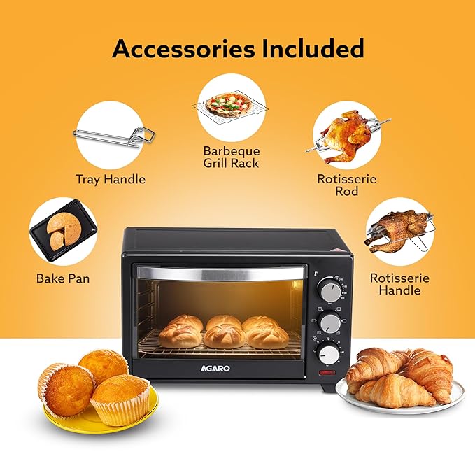 AGARO Marvel 19L Oven Toaster Griller (OAGARO Marvel 19L OTG Oven with Motorised Rotisserie & 5 Heating Modes + FREE Lint RemoverTG) with Motorised Rotisserie & 5 Heating Modes | Cake Baking Oven | Black