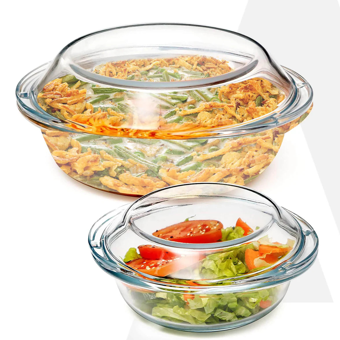 AGARO Elite Glass Casserole Set with Lid (700ml & 1500ml) | Heat Resistant Borosilicate Glass | Microwave Safe Serving Bowls