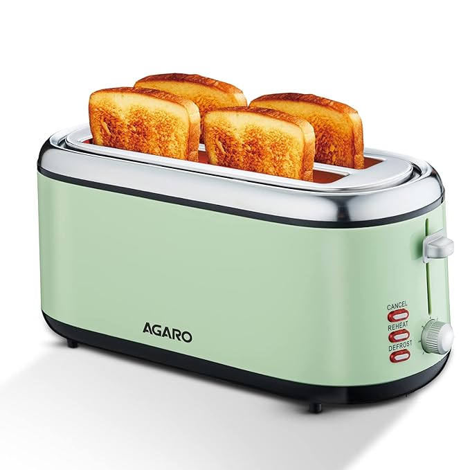 AGARO Royal 4 Slice Stainless Steel Pop-Up Toaster – 1450W Bread Toaster with Reheat, Defrost & Cancel Functions | Variable Heat Settings & Removable Crumb Tray for Perfect Breakfast + FREE Milk Frother @ ₹799 ☕🔥