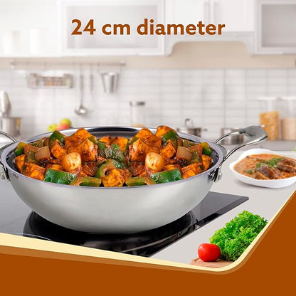 AGARO Regency 2.25L Tri-Ply Stainless Steel Kadai (24cm) | Induction & Gas Safe | Premium Cookware
